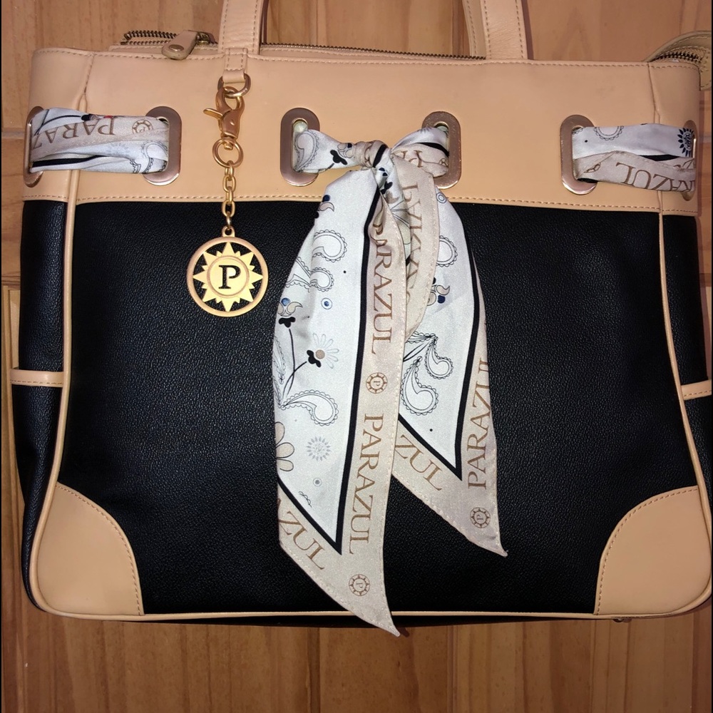 Parazul Black Leather Silk Scarf Zip Bag Purse